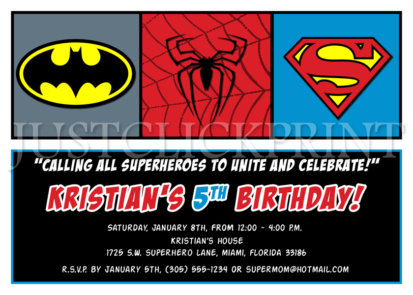Superheroes Logos Batman Superman Spiderman Birthday Invitation    