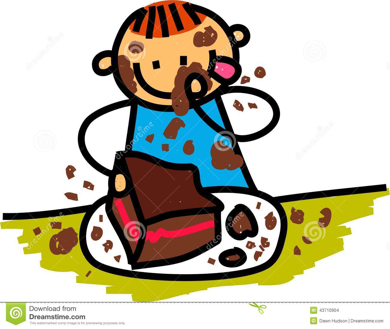 Cartoon Illustration Of A Happy Little Boy Eating Chocolate Cake