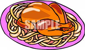 Chicken On A Plate Of Noodles   Royalty Free Clipart Picture