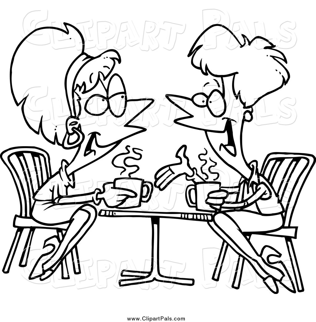 Clipart Of Cartoon Black And White Lady Friends Talking Over Coffee By