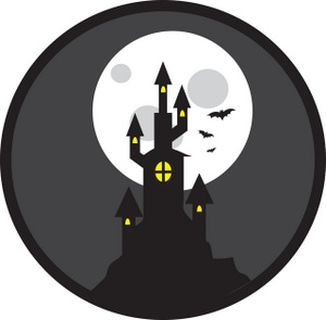 Halloween Scene Of A Haunted House High On A Hill With A Full Moon And