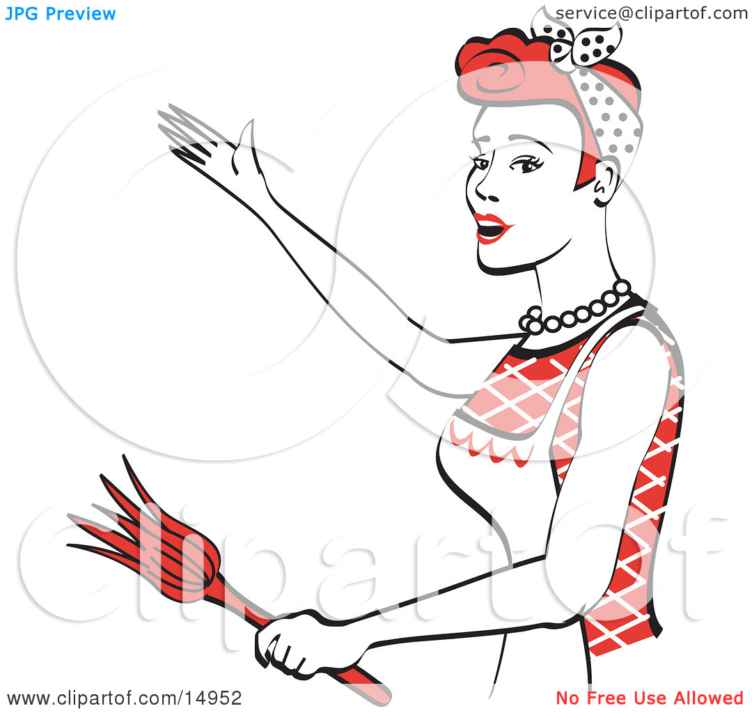Happy Red Haired Housewife Or Maid Woman Wearing An Apron While