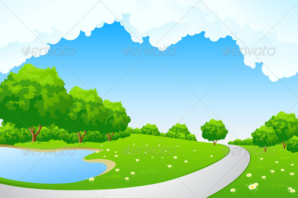 Landscape   Green Park With Lake And Path   Landscapes Nature