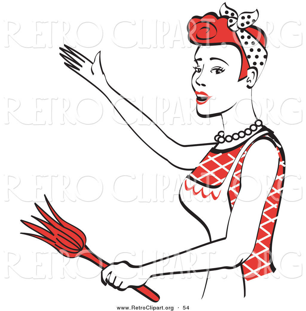 Retro Clipart Of A Smiling Red Haired Housewife Or Maid Woman Wearing