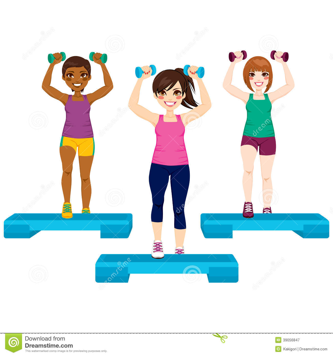 Three Beautiful Active Women Doing Aerobic Exercise With Dumbbell And