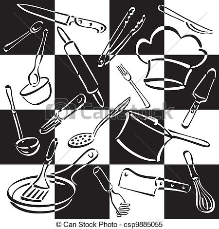Cooking Utensils Clipart Black And White Kitchen Tools Checkerboard  