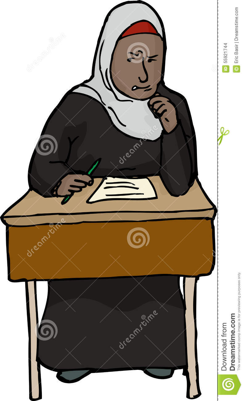 Young Muslim Female Student Struggling With Test At Desk 