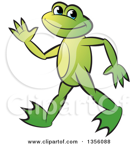 Clipart Of A Cartoon Green Frog Walking And Waving   Royalty Free