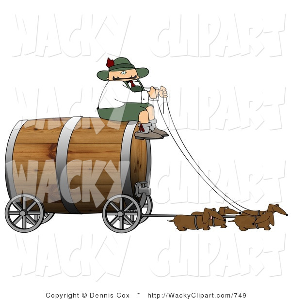 Clipart Of A Silly Fat German Man Guiding Weiner Dogs Pulling An