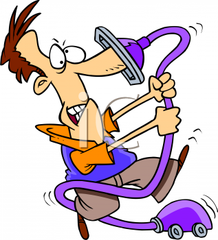 Of A Guy Fighting With A Vacuum Cleaner   Royalty Free Clipart Image