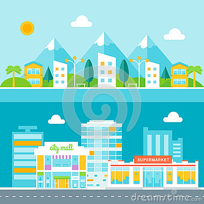 Resort Town And Business City Illustrations  Cityscapes In Flat Design