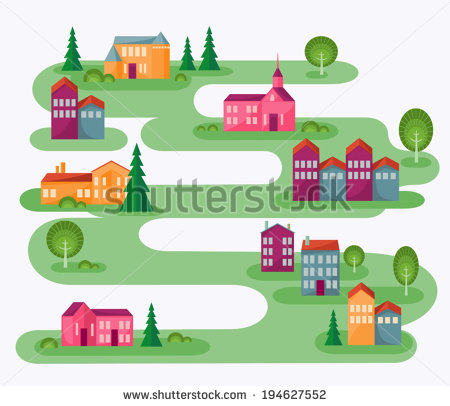 Small Town  Cartoon Illustration With Abstract Map Of Countryside