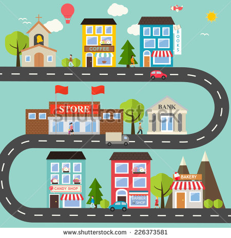 Small Town Urban Landscape In Flat Design Style Vector Illustration