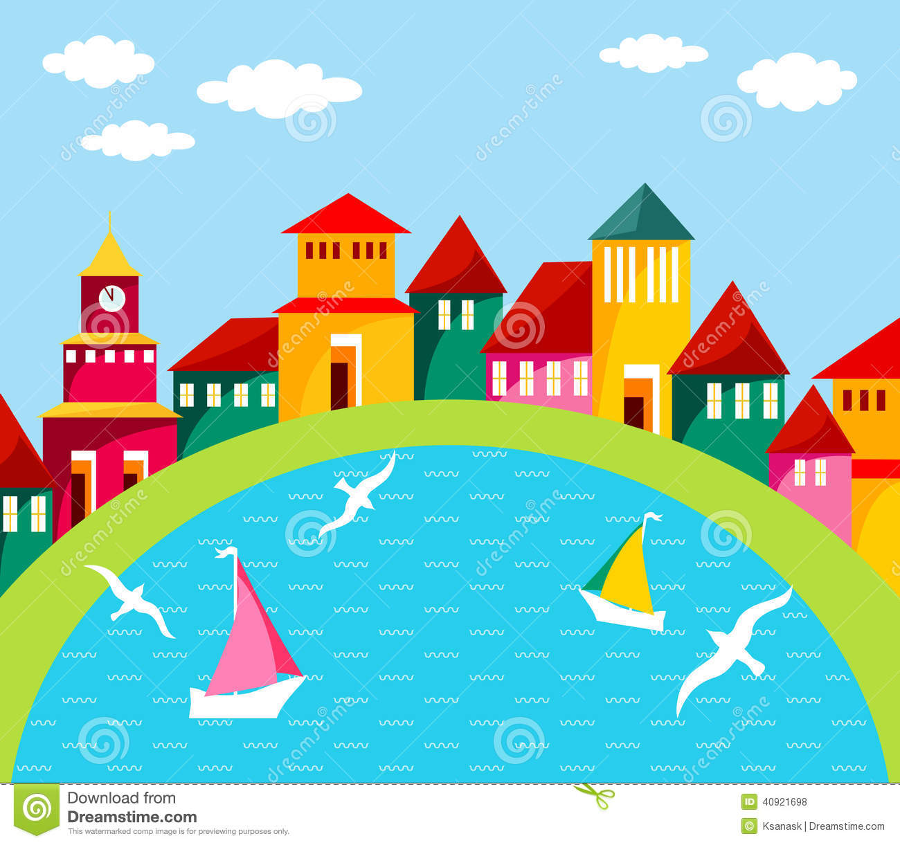     Town  Seaside Scene Of Harbour With Yachts And Seagulls  Flat Design