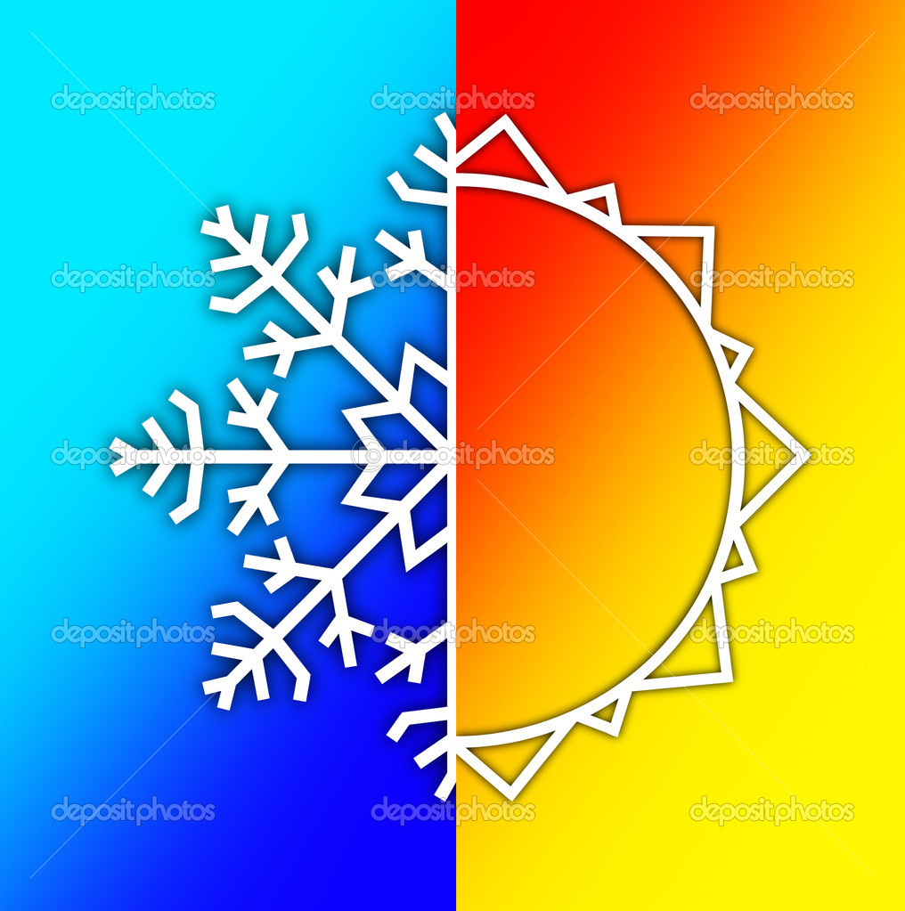 Weather Elements In Sky   Summer Sun And Winter Snow   Stock Photo