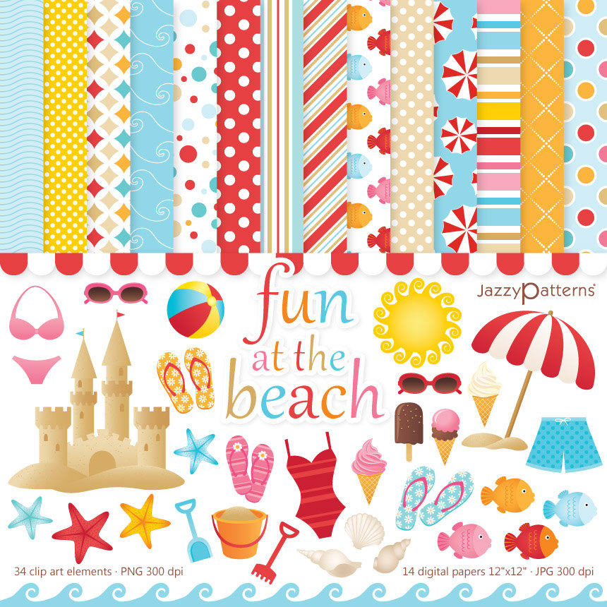Beach Clipart And Digital Paper Pack Fun At The By Jazzypatterns