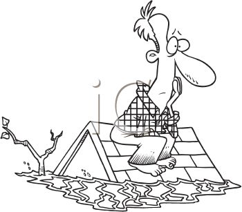 Black And White Cartoon Of A Man On The Roof Of His House In A Flood