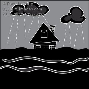 Black And White Clip Art Illustration Of A House In A Flood