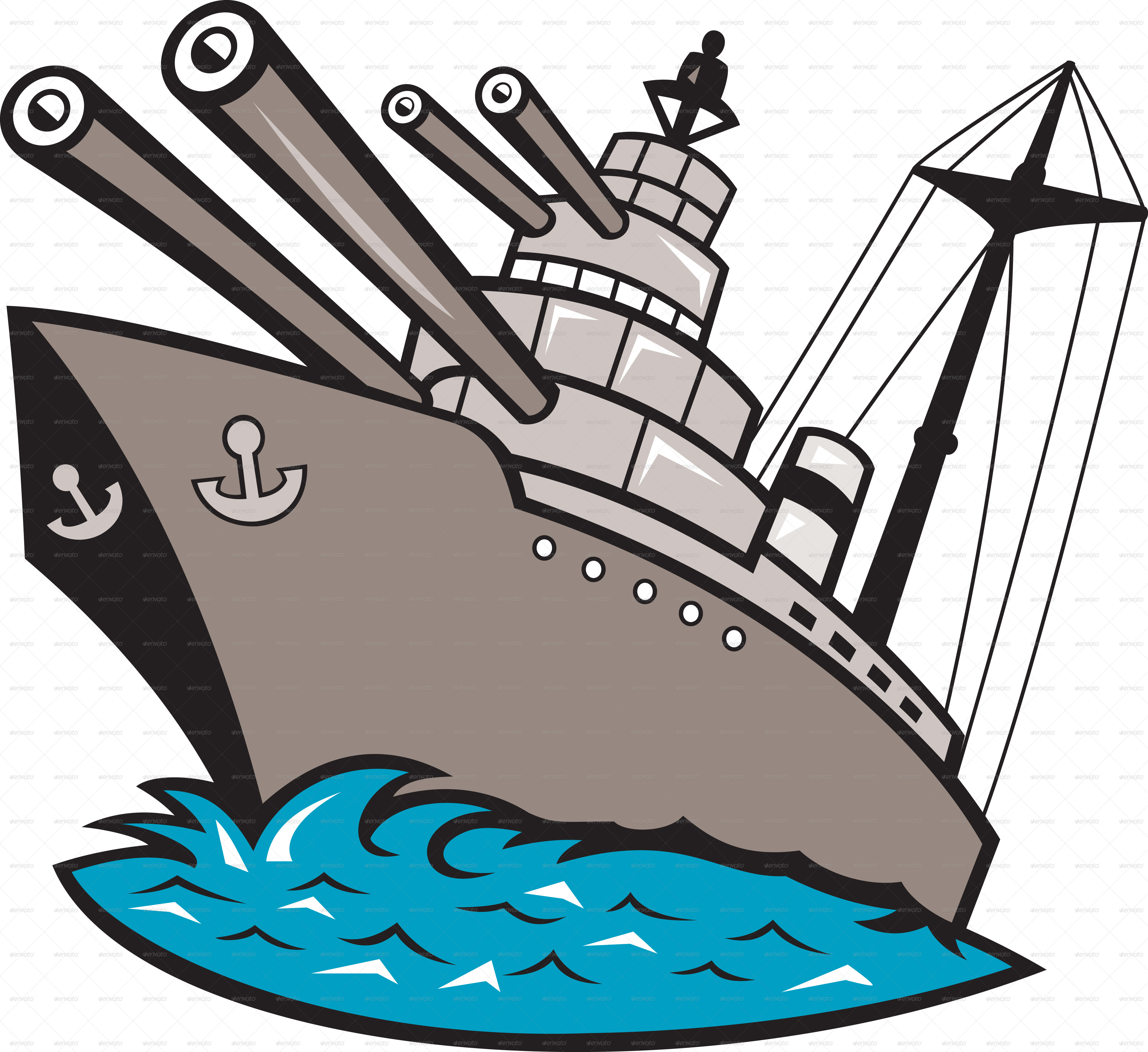     Boat Ship With Big Guns Viewed From A Low Angle Cartoon Style
