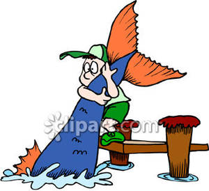 Boy Holding On To A Huge Fish Tail   Royalty Free Clipart Picture