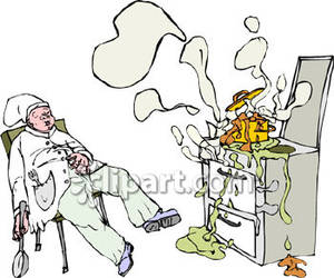 Chef Sleeping While His Pots Boil Over   Royalty Free Clipart Picture