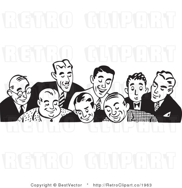 Royalty Free Black And White Retro Vector Clip Art Of A Border Of Men