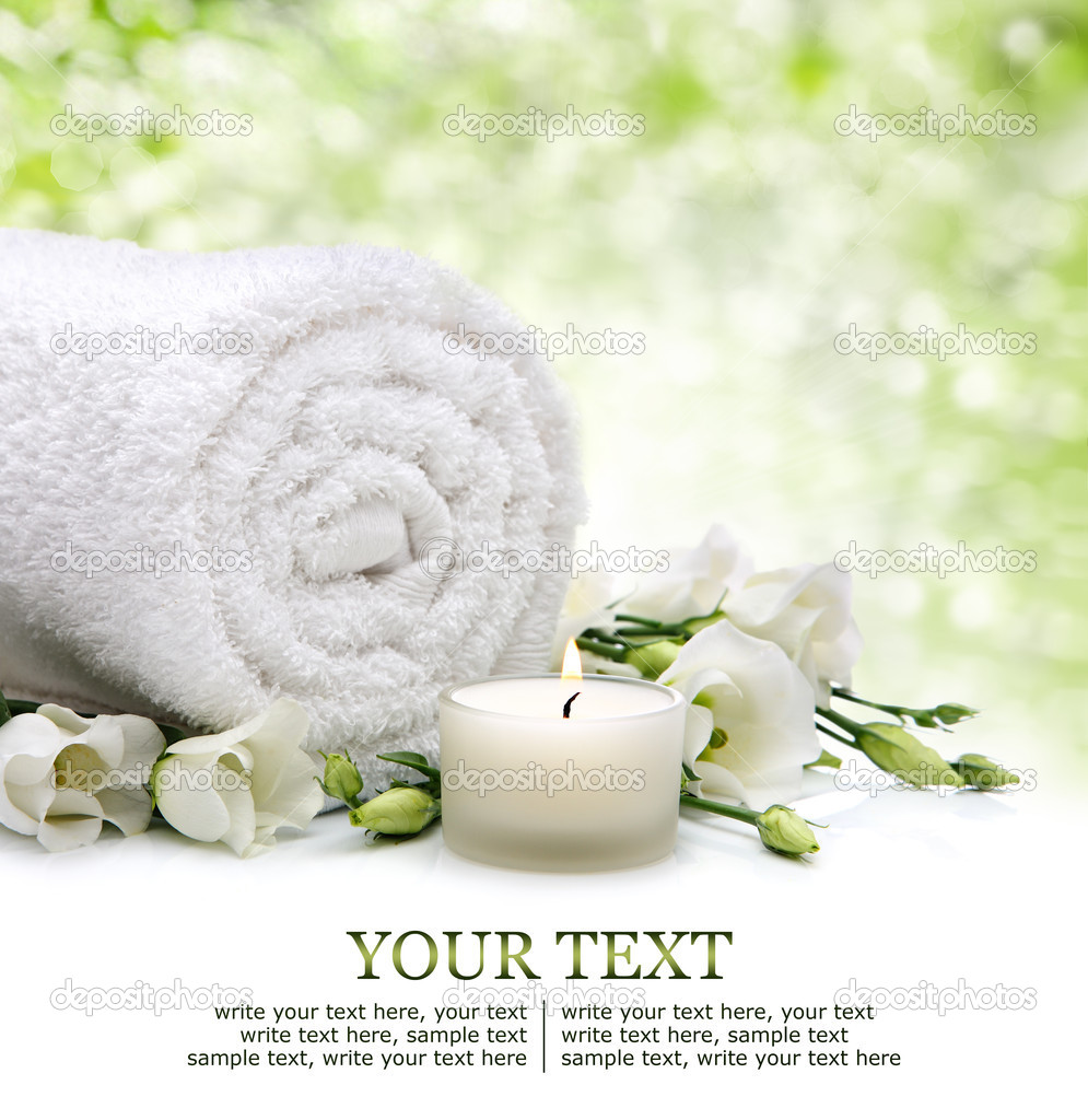Spa Border With Rolled Towel Flowers Candlelight And Natural Bokeh