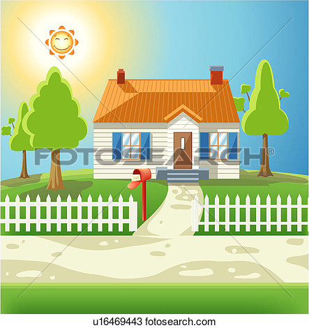 Drawing   House With White Picket Fence  Fotosearch   Search Clipart