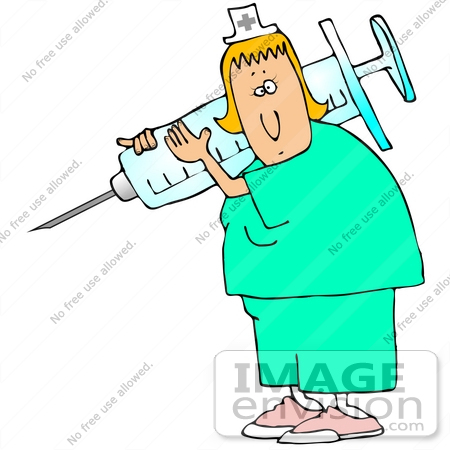 Graphic Of A Caucasian Nurse Lady Carrying A Giant Needle In A Syringe