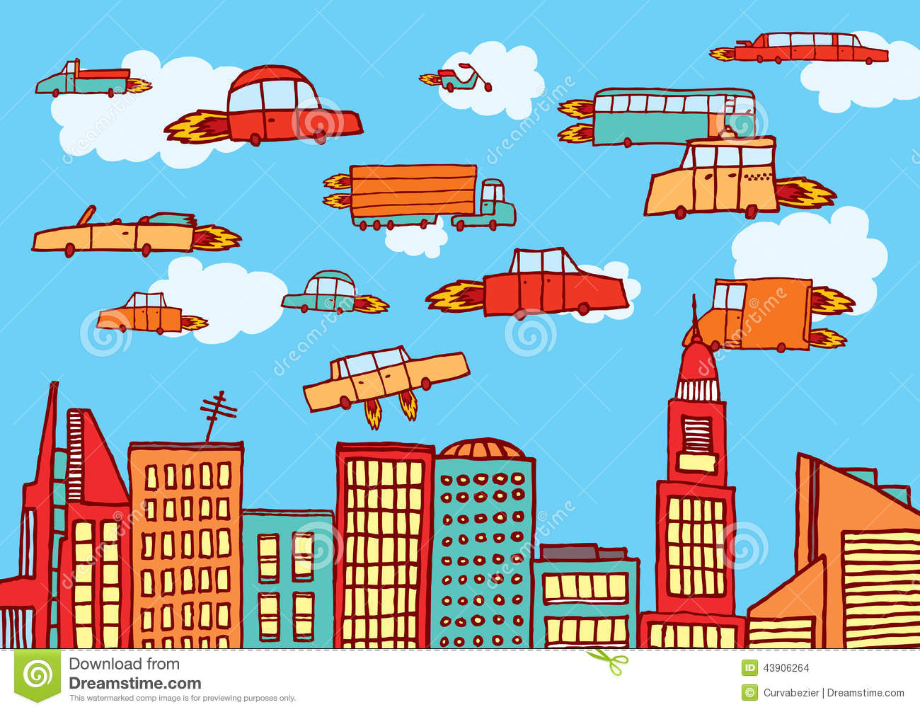 Illustration Of Future Urban Air Transportation Or Flying Cars
