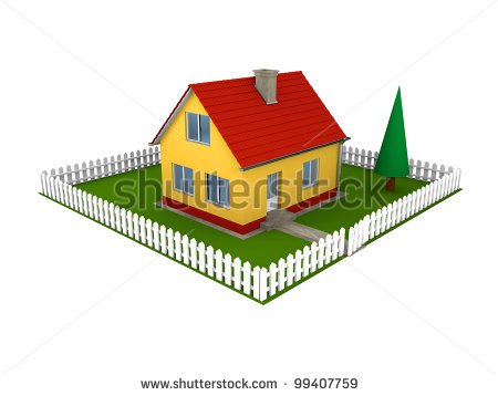 Illustration Of Small Family House With Red Roof And Green Yard With