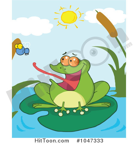 Rf  Clip Art Illustration Of A Frog Catching A Fly On A Pond  1047333