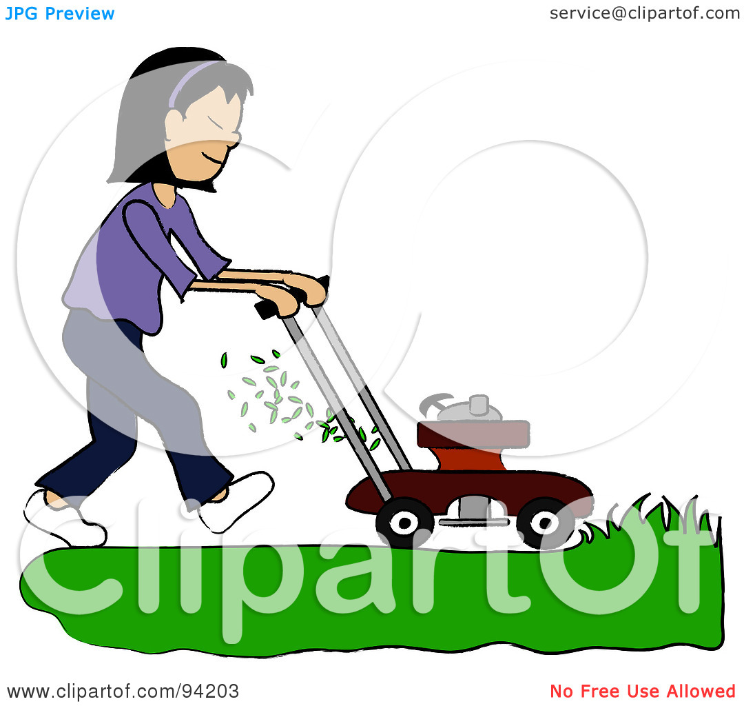Rf  Clipart Illustration Of An Asian Girl Mowing A Lawn With A Mower