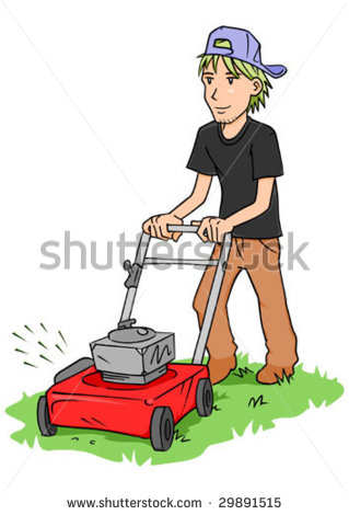 Young Man Cutting Grass With A Push Lawn Mower  Stock Vector