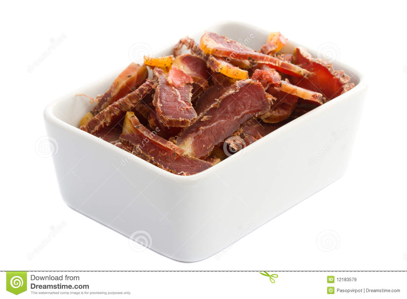 Biltong South African Dried Meat Snack In White Bowl Isolated On Pure