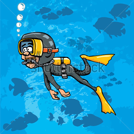 Cartoon Duiker Zwemmen Onder Blauwe Zee Achter Hem Met Vis Clip Arts    