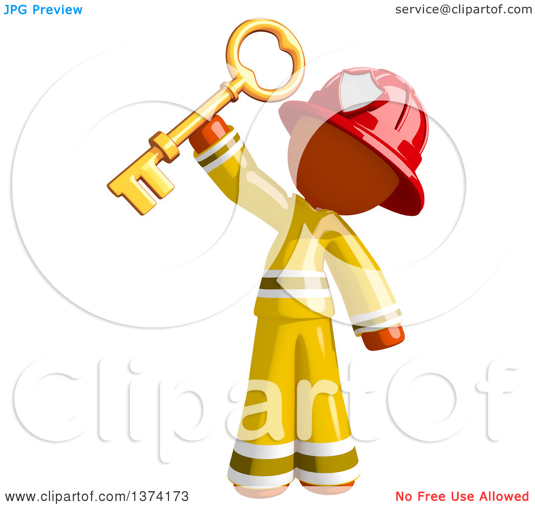 Clipart Of An Orange Man Firefighter Holding Up A Key On A White