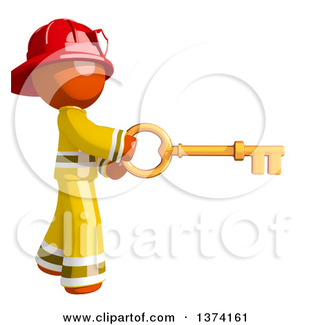 Clipart Of An Orange Man Firefighter Using A Key On A White    