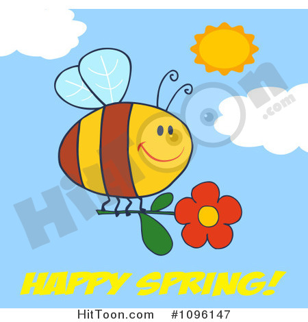 Happy Spring Greeting Under A Bee Flying With A Red Daisy Flower In A