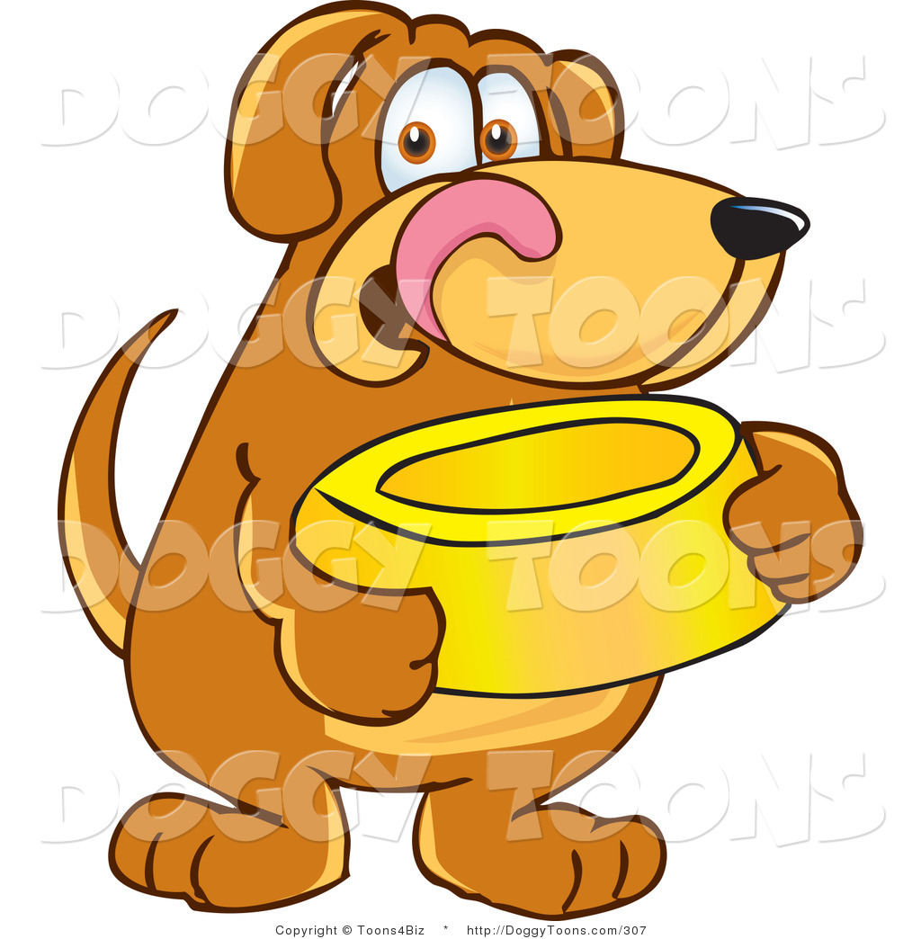 Hungry Brown Dog Mascot Cartoon Character Holding A Food Dish Waiting