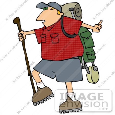 Man Carrying Hiking Gear And Using A Hiking Stick While Hiking Clipart    