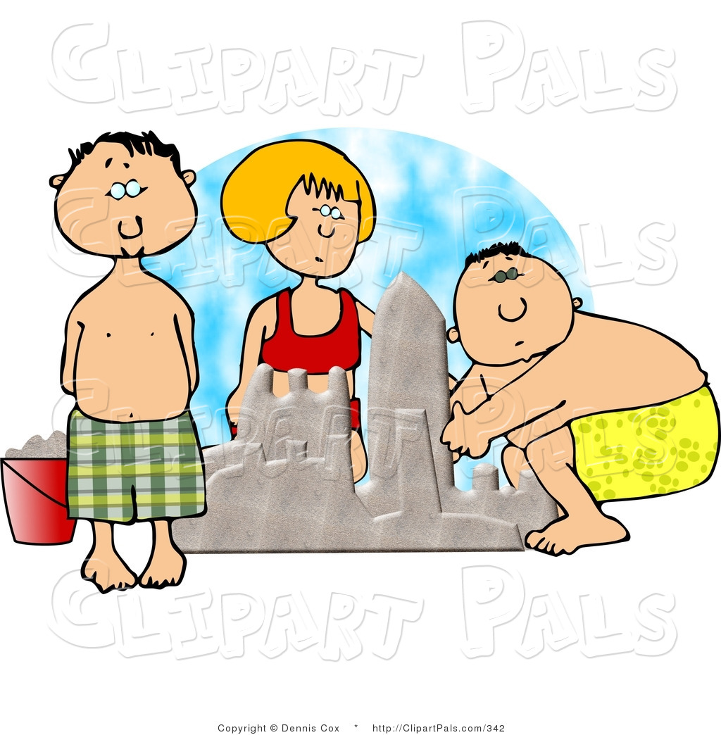 Three Boys And Girl Building A Sand Castle At The Beach