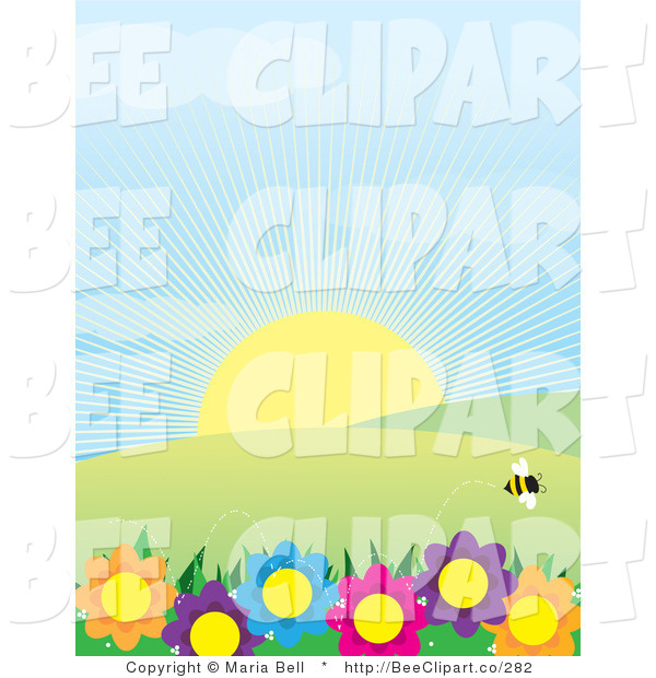 Bee Flying Above Colorful Flowers With Hills And Sunshine On A Spring