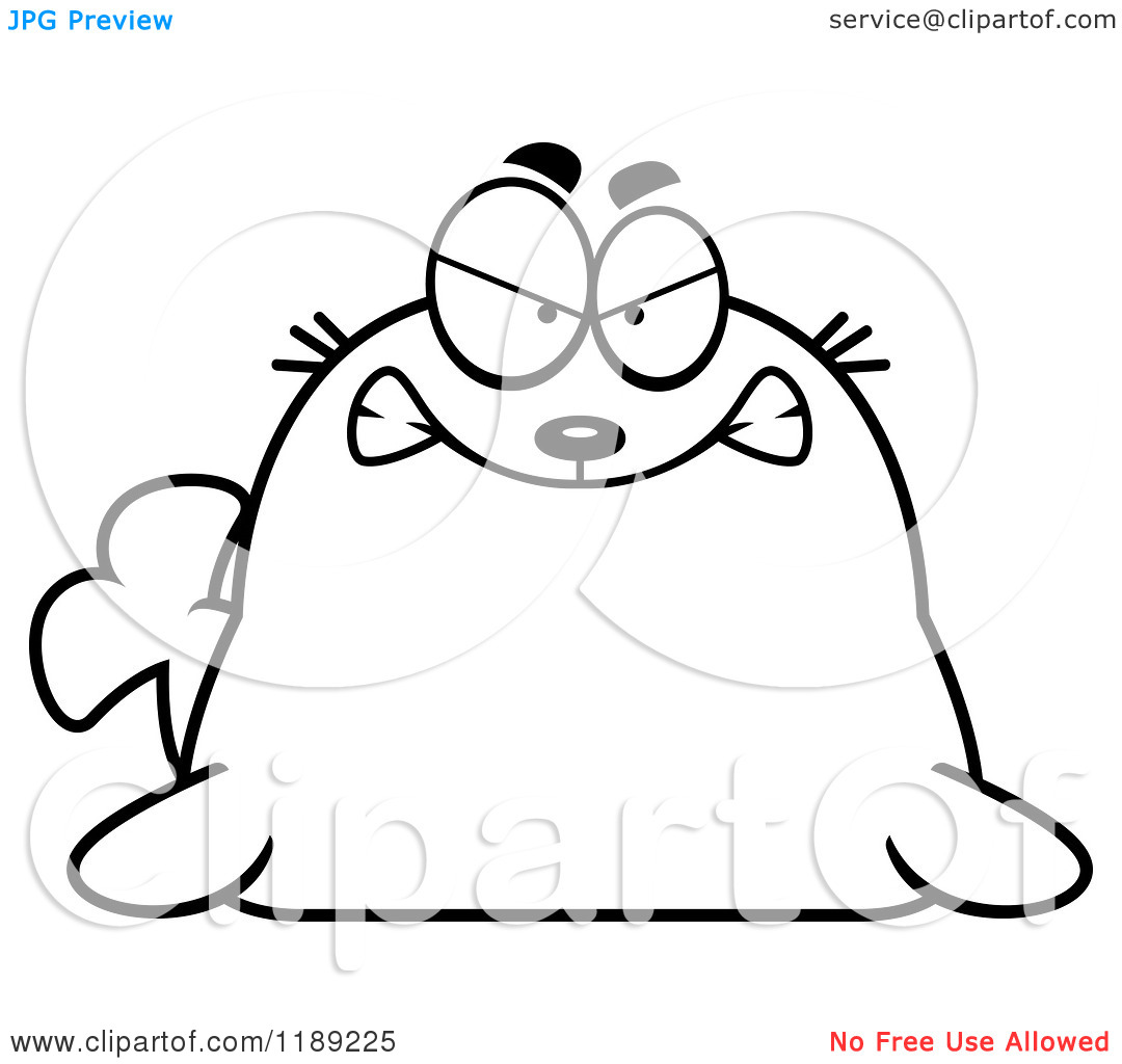 Clip Art Black And White Cartoon Of A Black And White Mad Seal Royalty