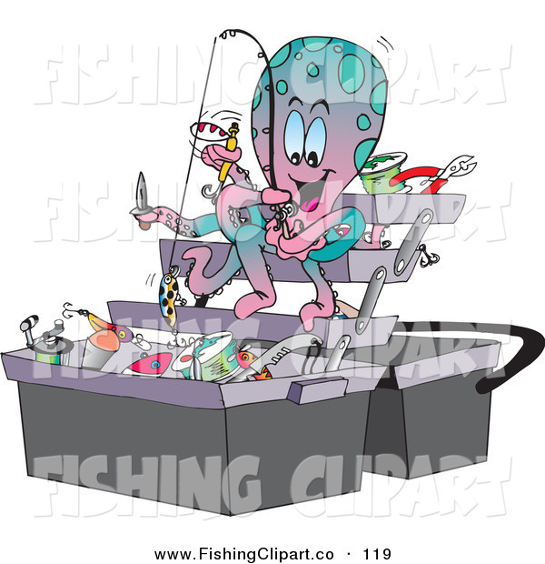 Clip Art Of A Pink And Blue Octopus Fishing Junk Out Of A Tackle Box