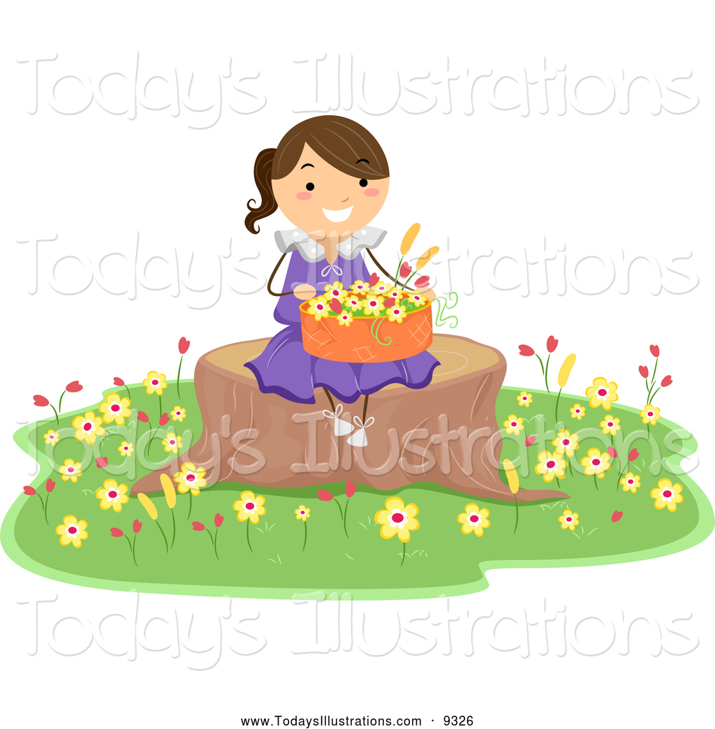 Clipart Of A Happy Brunette Girl Sitting On A Tree Stump With A Basket