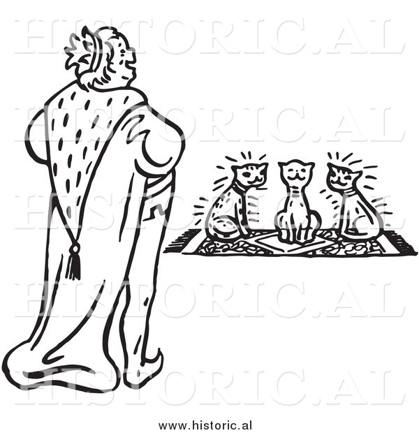 Clipart Of A Smiling King Looking At Three Cats Sitting On A Rug