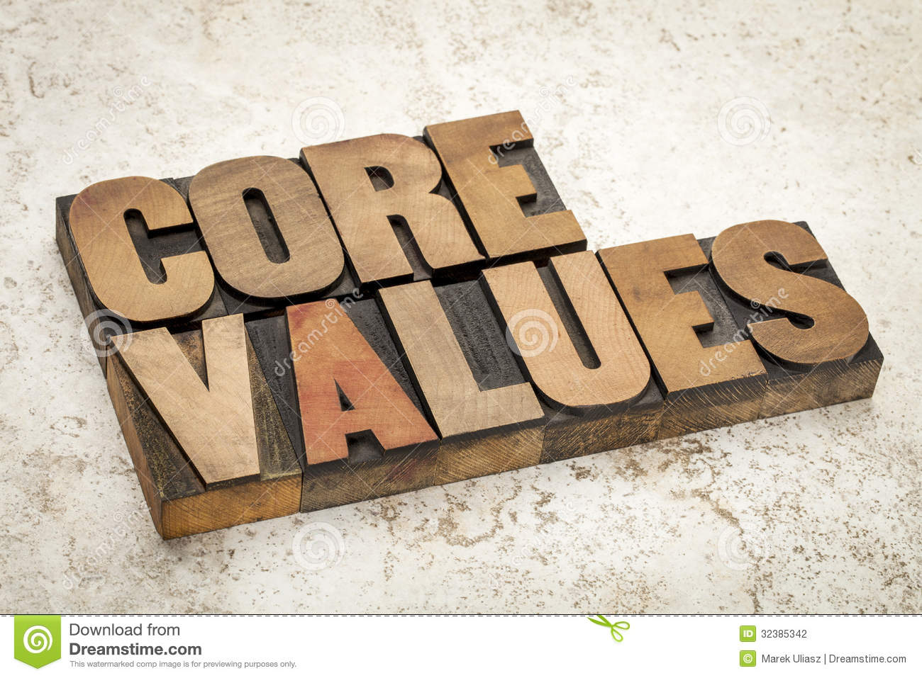 Core Values   Ethics Concept   Text In Vintage Letterpress Wood Type    