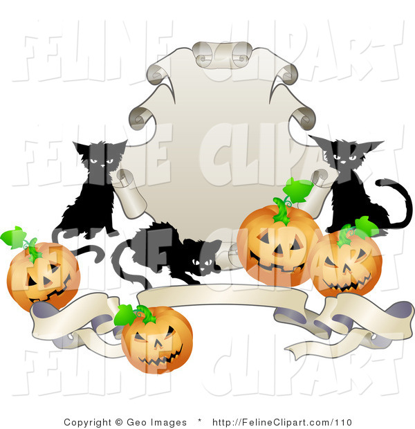 Feline Clip Art Of Three Black Cats And Halloween Pumpkins Around A