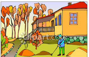 Man Raking Leaves In His Yard   Royalty Free Clipart Picture